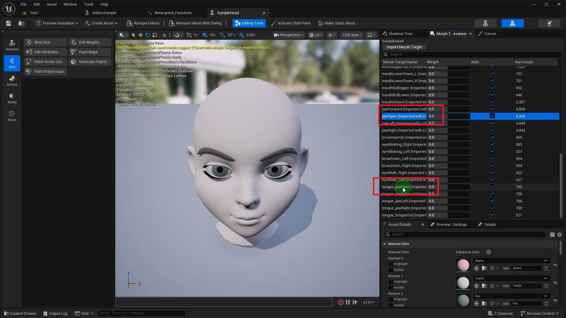 Multiple jaw-related Morph Targets in the target model