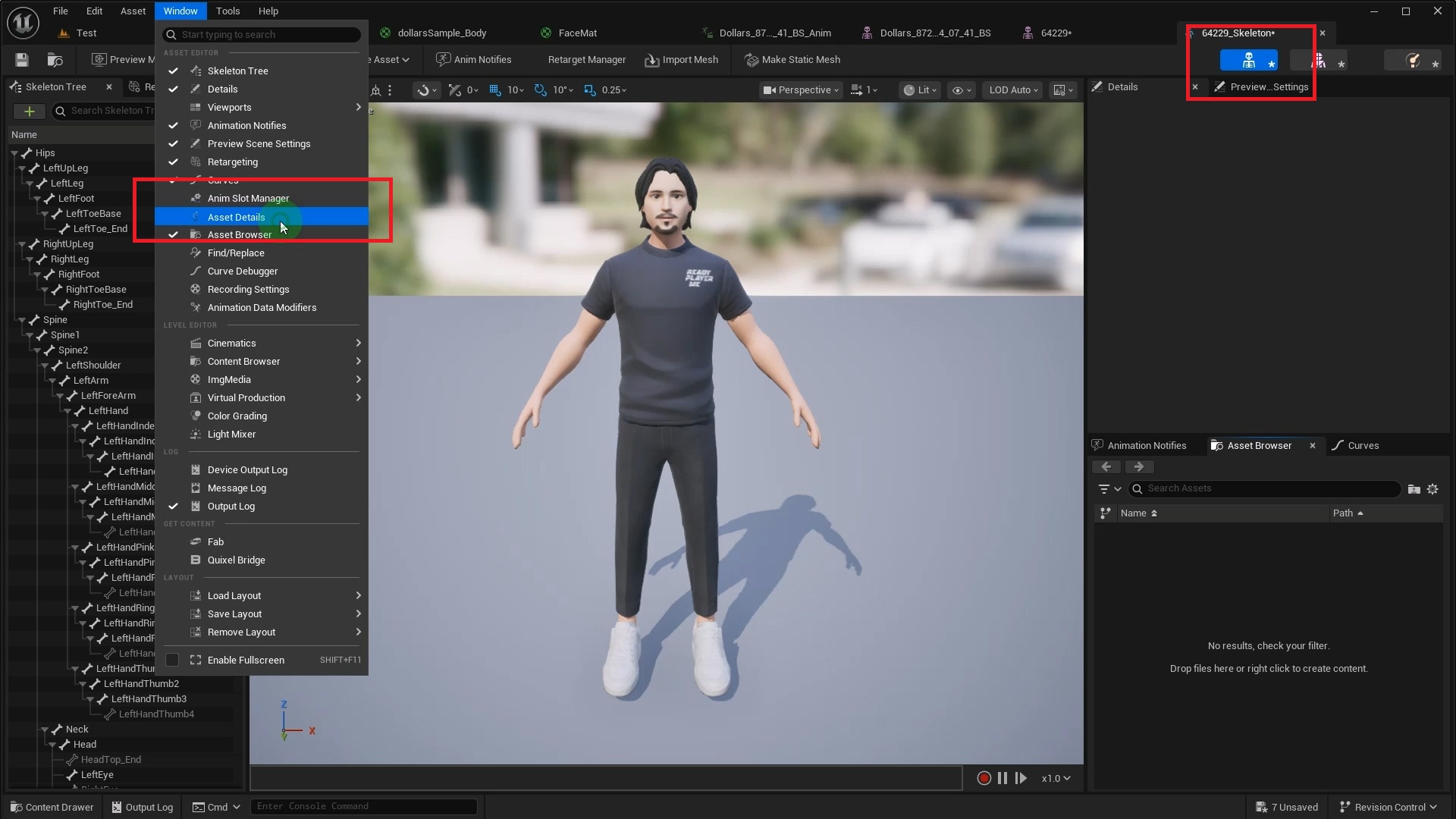 Opening the Skeleton Asset Details panel